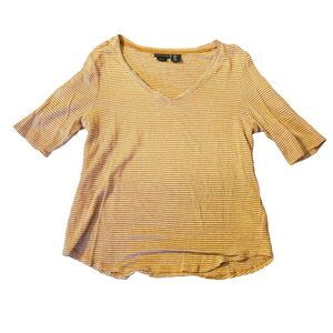 Tahari 100% Linen Mustard Yellow & White Stripe T-Shirt Size Medium